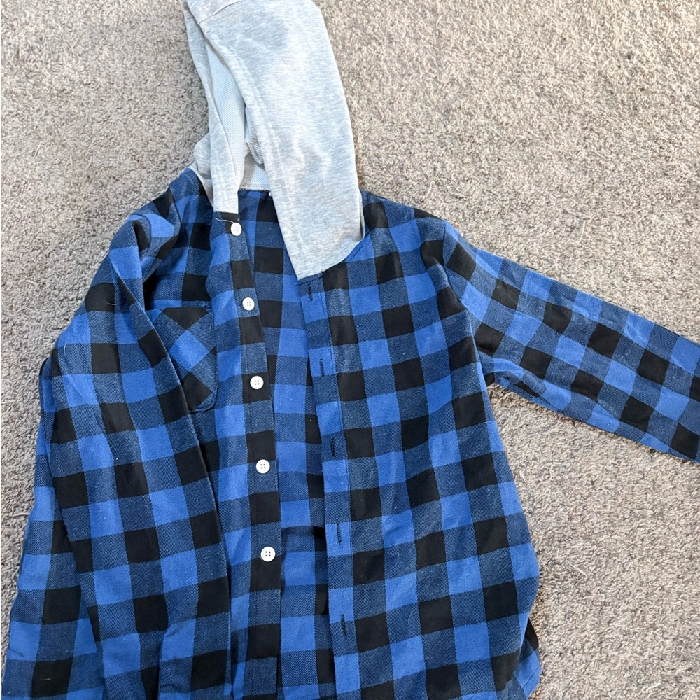 Blue and Black Checkered Kids Shirt with Hood